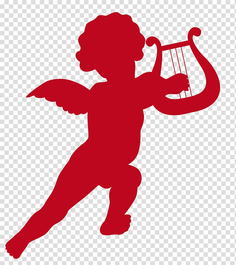 red cherub holding harp illustration, Cupid Valentine\'s Day , Cupid with Harp transparent background PNG clipart