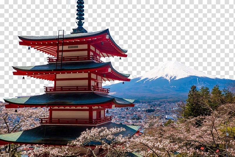landscape of red and gray temple, Lake Yamanaka Mount Fuji Lake Kawaguchi Oshino Hakkai Fuji-Q Highland, Mount Fuji, Japan Attractions transparent background PNG clipart