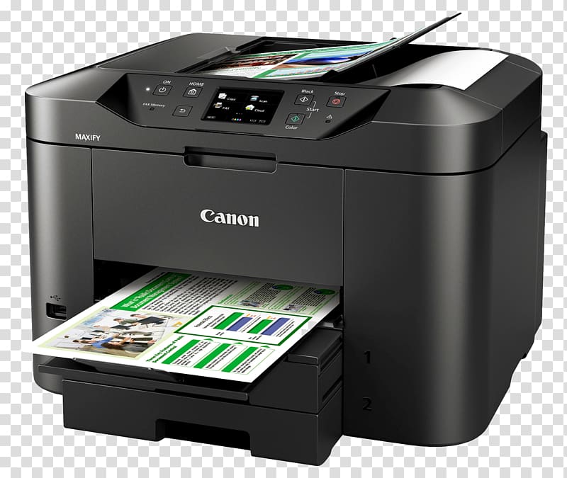 black Canon multifunction printer printing documents, Multi-function printer Inkjet printing Canon Automatic document feeder, Color Printer transparent background PNG clipart