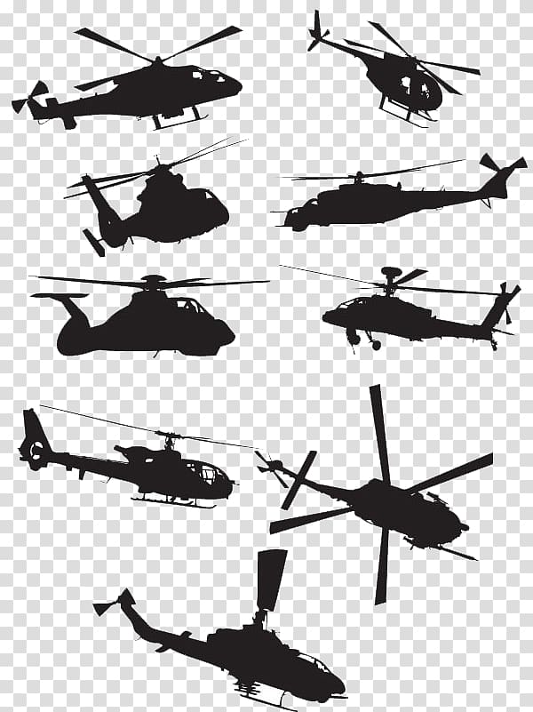 black helicopters illustration, Military helicopter Sikorsky UH-60 Black Hawk Boeing AH-64 Apache Bell UH-1 Iroquois, Silhouette of aircraft transparent background PNG clipart