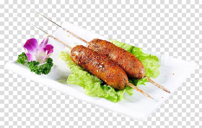 Kebab Barbecue Bratwurst Yakitori Breakfast sausage, Strings of sausages transparent background PNG clipart