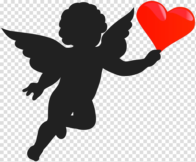 angel holding red heart illustration, Cherub Cupid Angel Silhouette, Cupid with Heart Silhouette transparent background PNG clipart