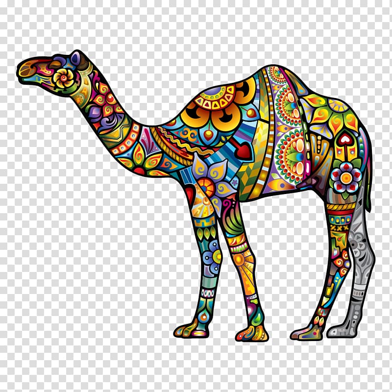 black and multicolored camel illustration, Dromedary Tattoo Illustration, camel transparent background PNG clipart
