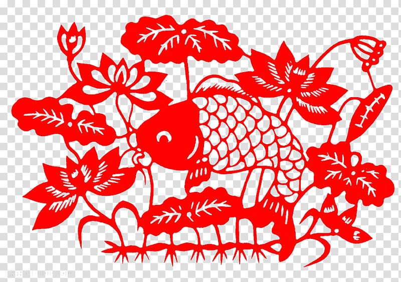 Papercutting Chinese New Year Chinese paper cutting, Lotus carp red paper-cut transparent background PNG clipart