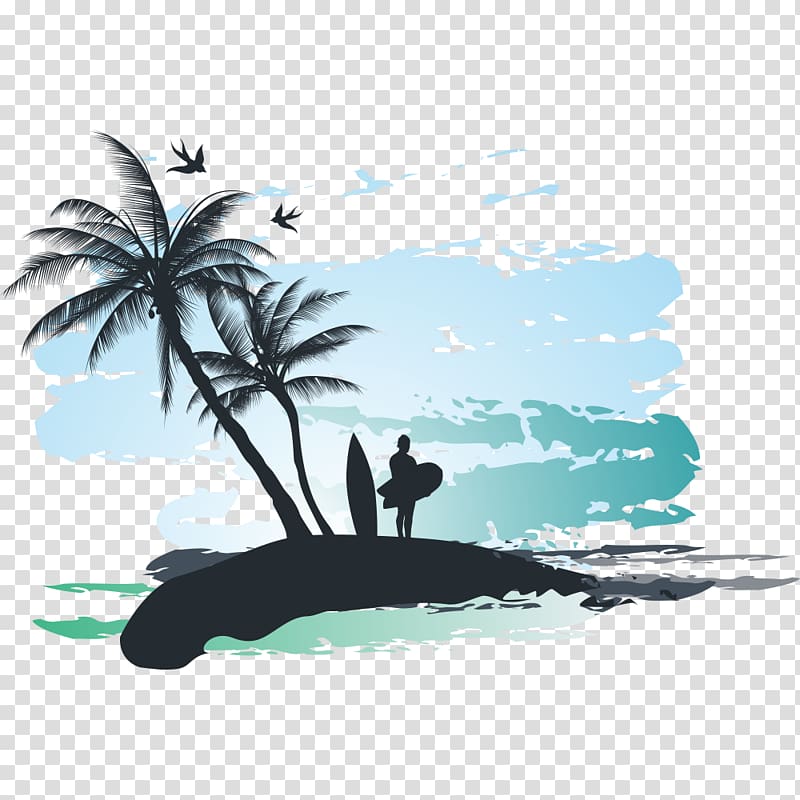 silhouette of coconut tree and person holding surfboard , Palm Beach illustration , Tropical elements transparent background PNG clipart