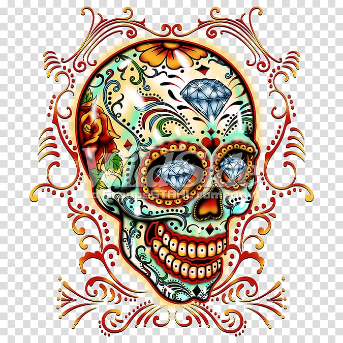 Calavera Skull Day of the Dead Pinstriping, skull and roses transparent background PNG clipart