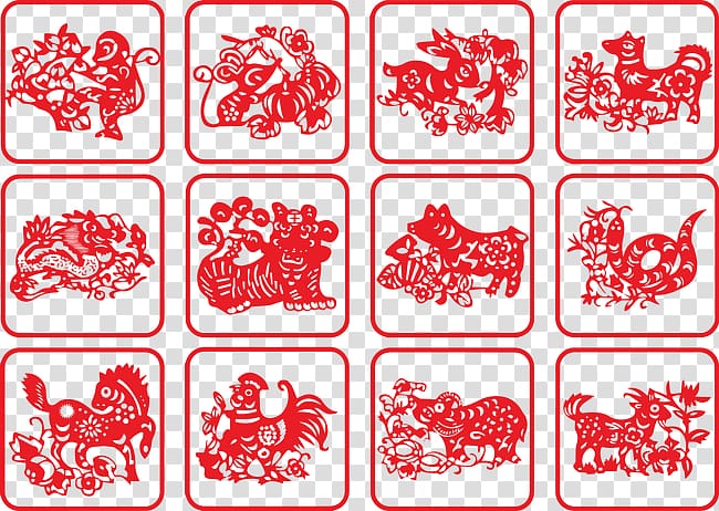 Chinese zodiac Art Papercutting, Zodiac red seal transparent background PNG clipart