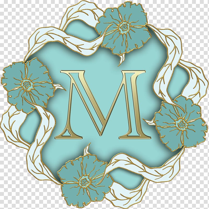 teal and white flower and M letter illustration, Flower Theme Capital Letter M transparent background PNG clipart