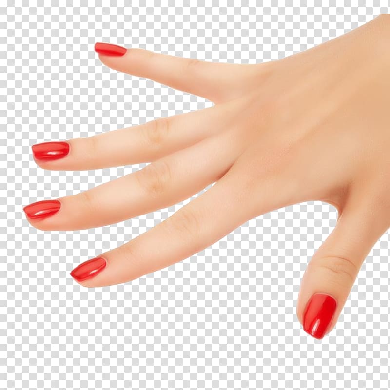 woman showing red nail polish, Nail polish Manicure Cosmetics Gel nails, Red nails Hand Free button element transparent background PNG clipart