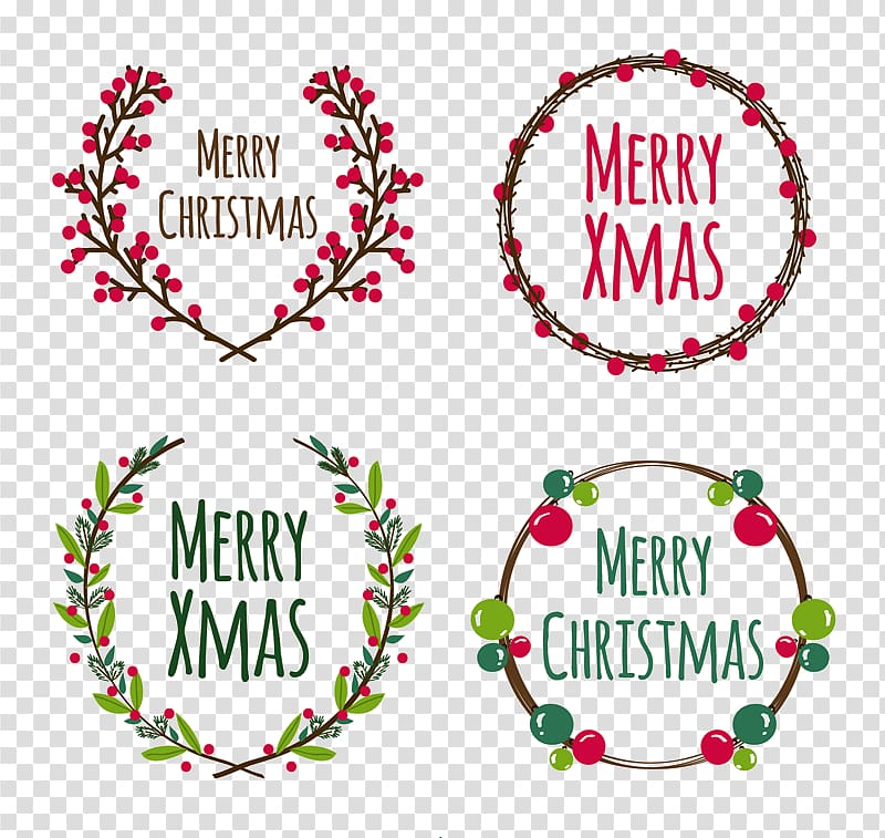 four assorted-color Christmas , Christmas Laurel wreath Euclidean , 4 Christmas wreath transparent background PNG clipart