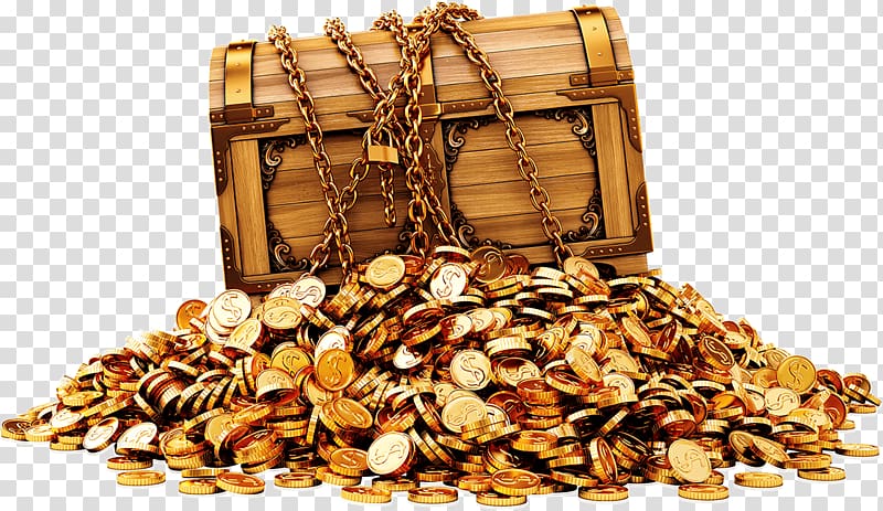 gold-colored coins near brown chest box, Treasure With Dollar Coins transparent background PNG clipart