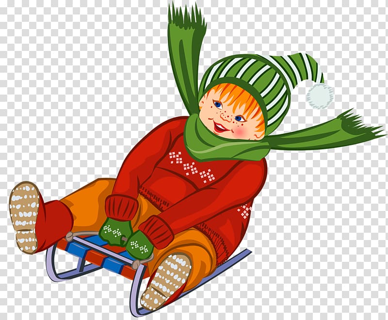 Winter Snowman Illustration, Child sitting on a sled transparent background PNG clipart
