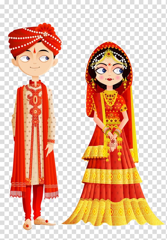 girl and boy traditional dress illustration, Wedding invitation Weddings in India Bride Hindu wedding , indian wedding transparent background PNG clipart