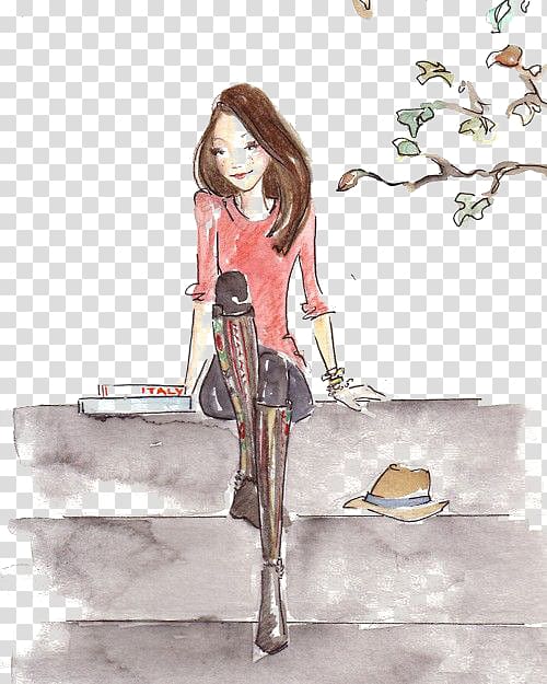 woman sitting on staircase artwork, Drawing Watercolor painting Fashion illustration Illustration, woman transparent background PNG clipart