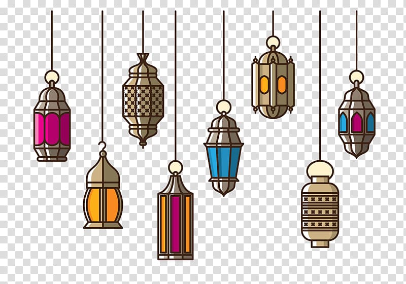 Paper lantern, Islamic Chandelier, eight assorted-color hanging lamps illustration transparent background PNG clipart