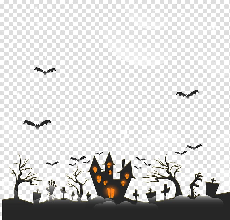House between trees and tombstones illustration, Halloween Horror ghost ...