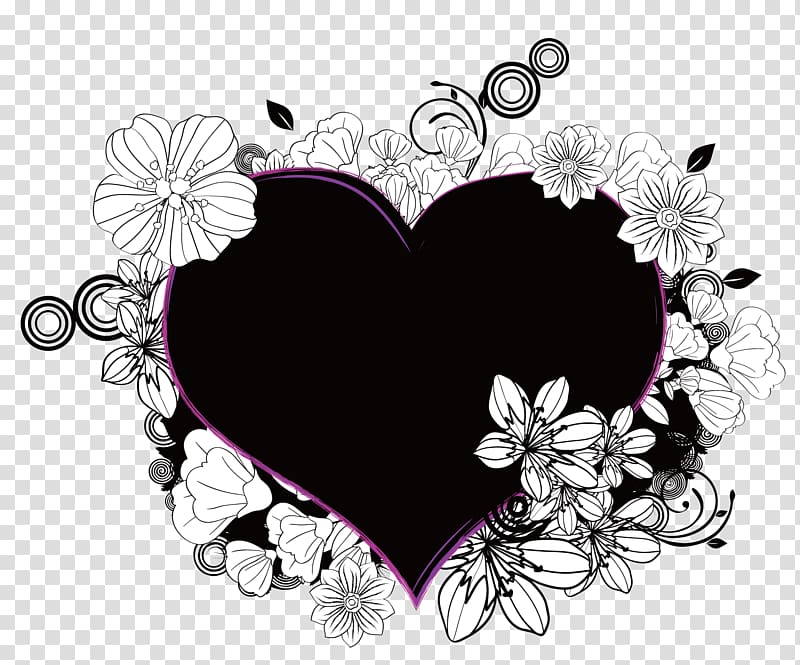 black and white heart floral decor, A black lace heart transparent background PNG clipart
