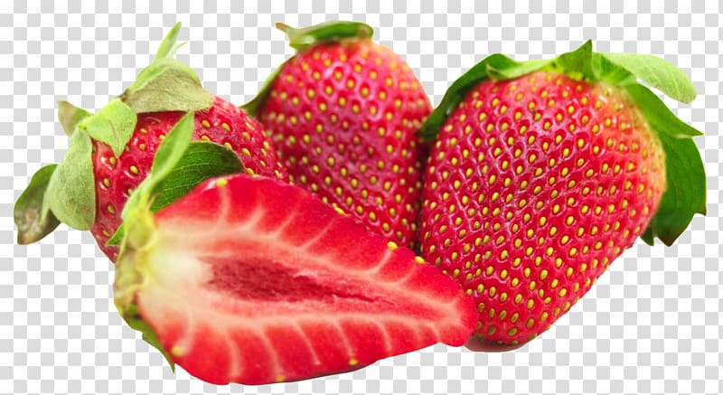 four ripe strawberries, Strawberry ice cream Strawberry ice cream Juice, Strawberries with Leaves transparent background PNG clipart