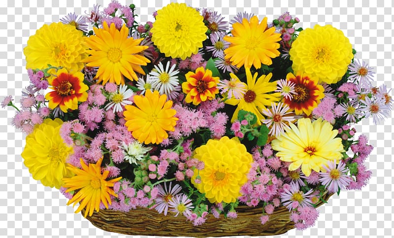 Flower bouquet Basket , Large Flowers Basket , yellow and pink flowers transparent background PNG clipart