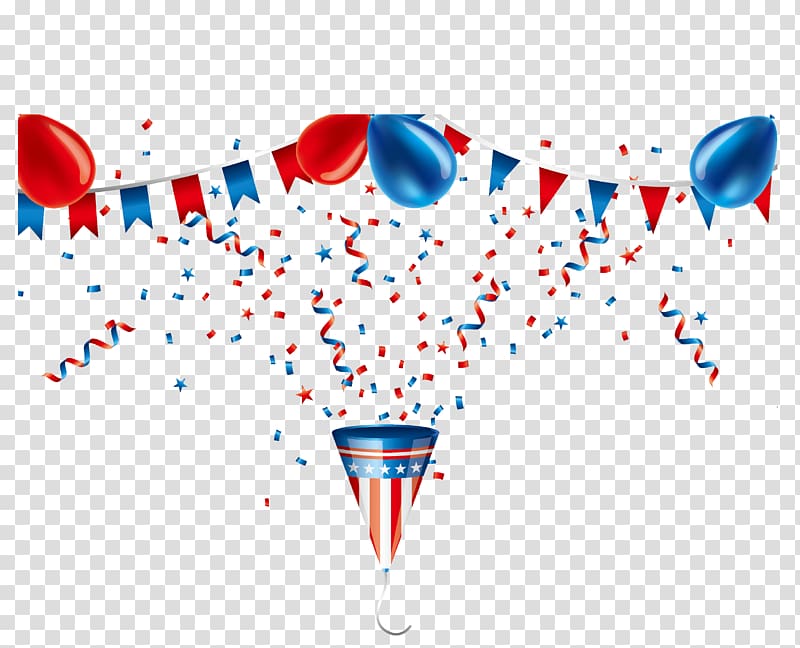 United States of America flag themed party balloon and hat , Party popper Ribbon, Celebrate balloons material transparent background PNG clipart