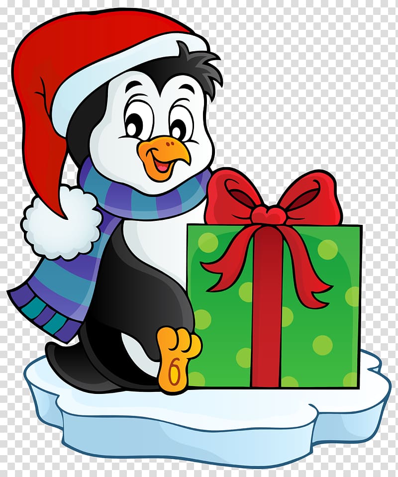 penguin and gift box , Penguin Santa Claus Candy cane Christmas , Christmas Penguin transparent background PNG clipart