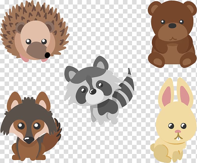 five assorted-animal illustrations, Cat Hedgehog The Life Cycle of a Raccoon Animal, 5 cute forest critters Figure transparent background PNG clipart