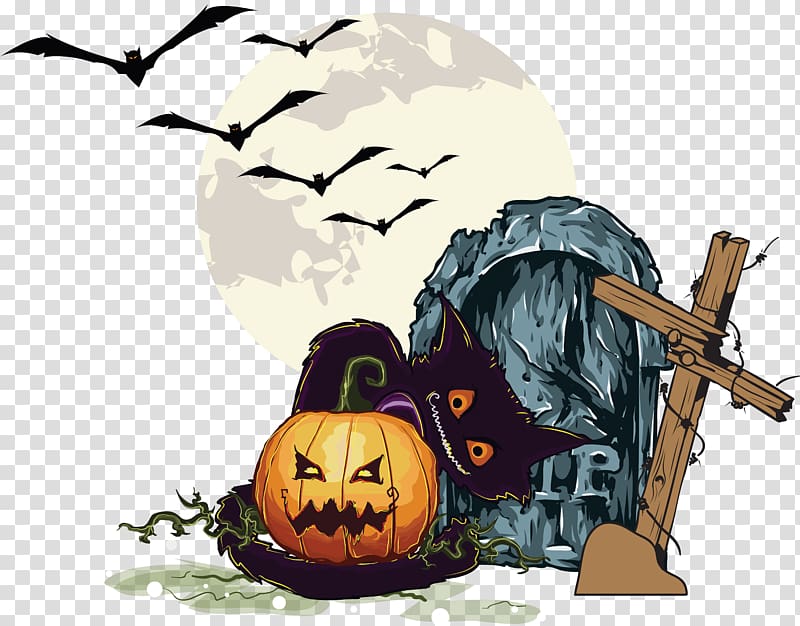graveyard illustration, Halloween Pumpkin Jack-o-lantern , Cemetery Halloween pumpkin transparent background PNG clipart