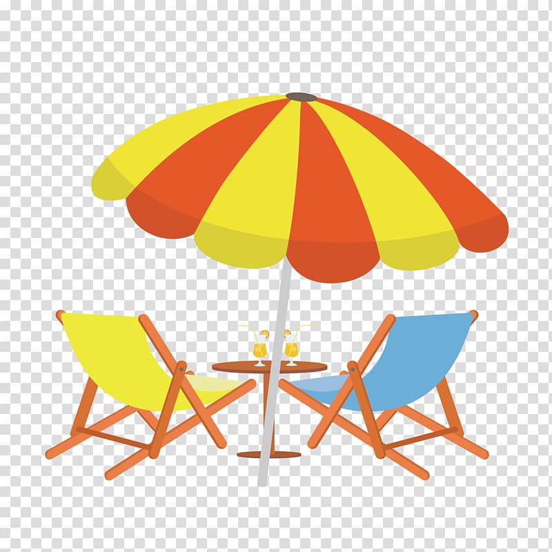 two yellow and red parasol with two chairs and table, beach chair transparent background PNG clipart