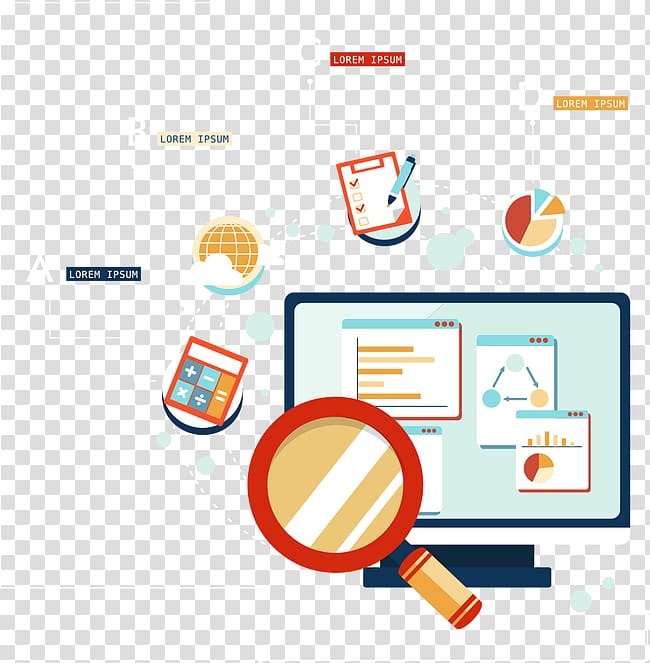 Business analytics Data analysis Big data, magnifying glass and computer transparent background PNG clipart