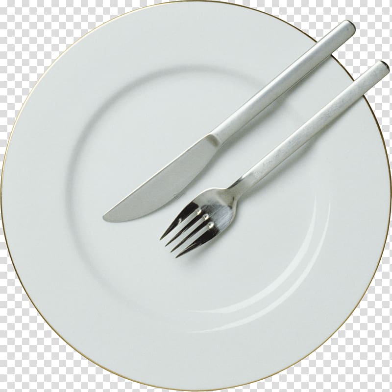 stainless steel fork and knife on white ceramic plate, Fork Plate Knife Spoon, Plate transparent background PNG clipart