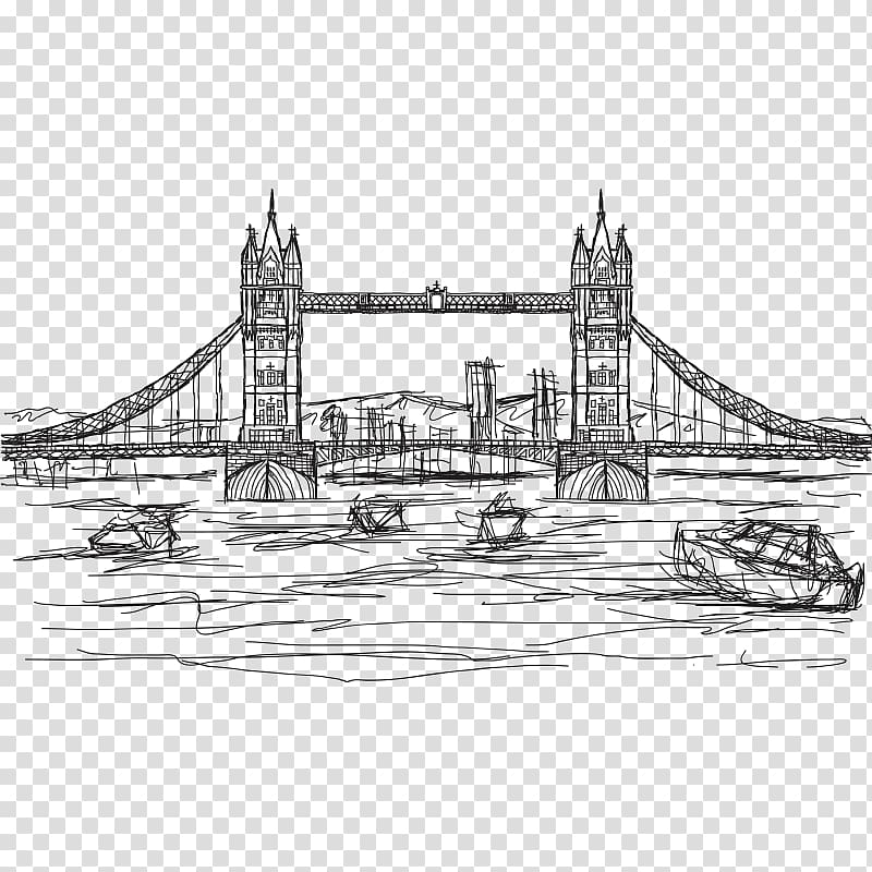 Statue of Liberty Tower Bridge Drawing Illustration, Hand drawn line book London Bridge transparent background PNG clipart