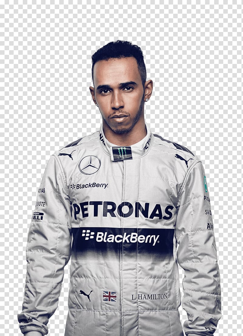 man wearing black and gray Petronas racing suit, Lewis Hamilton Standing transparent background PNG clipart