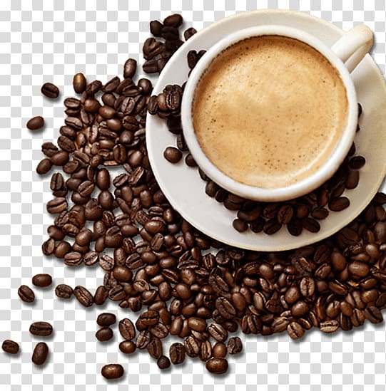 cup of coffee and coffee beans, Coffee and Lots Of Beans transparent background PNG clipart
