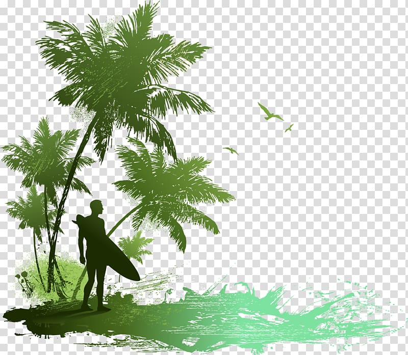 man with surfboard under palm tree , Beach Seaside resort Silhouette Drawing, Great fresh palm beach transparent background PNG clipart