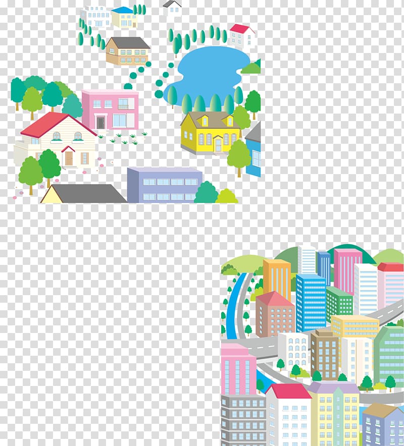 Rural area Cartoon Illustration, Cartoon city buildings and countryside cottage transparent background PNG clipart