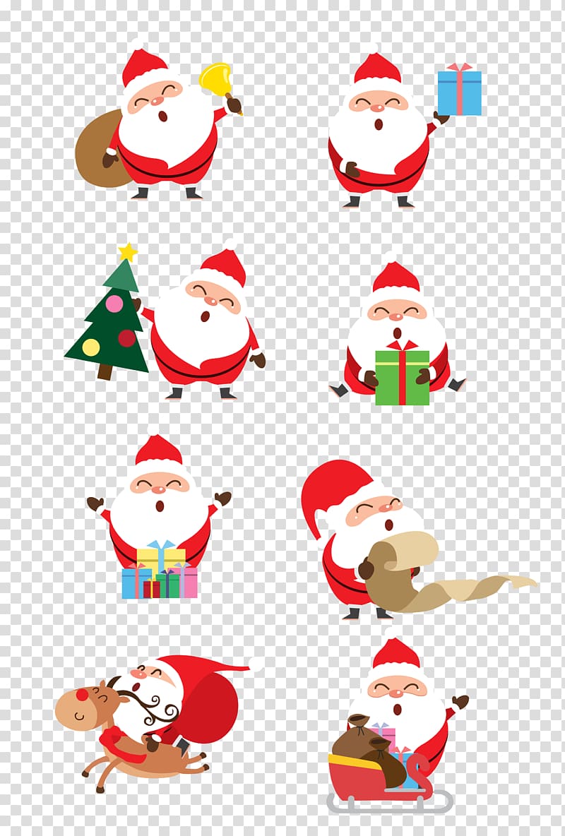 Santa Claus Christmas ornament Christmas tree Illustration, Atlas of cartoon hand drawn Santa Claus set transparent background PNG clipart