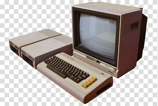 gray CRT computer monitor placed beside computer keyboard and two computer towers, Vintage Commodore 64 transparent background PNG clipart