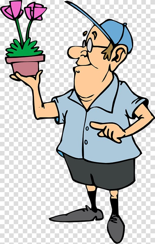 Gardening , Cartoon man holding a flower pot transparent background PNG clipart