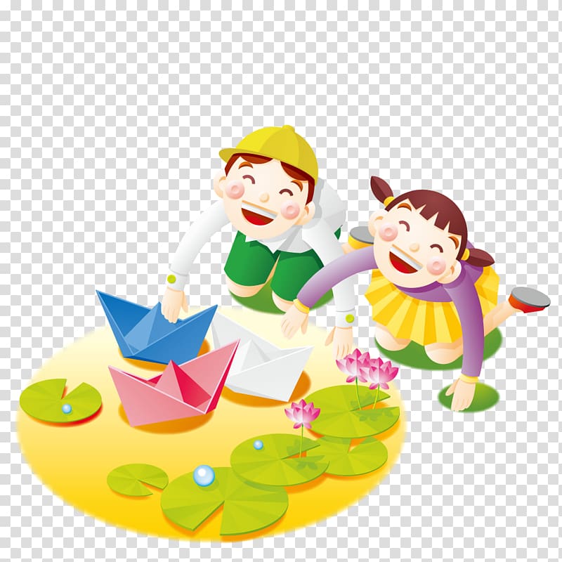 Paper Illustration, Men and women in the pond with paper boat transparent background PNG clipart