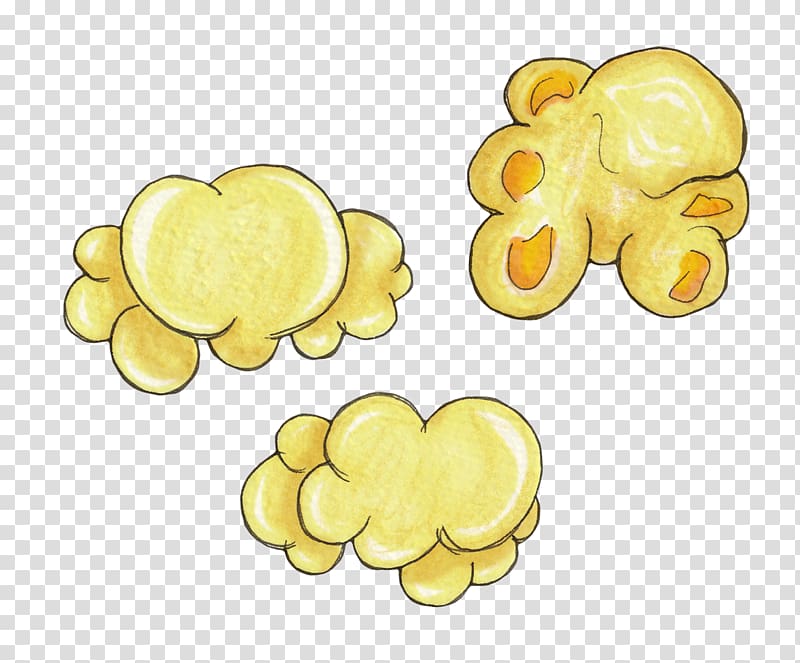 three yellow clouds , Popcorn Drawing Junk food Icon, Cartoon retro hand painted popcorn transparent background PNG clipart