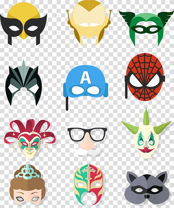 assorted-color mask collage , Iron Man Spider-Man Joker Mask, Iron Man mask, etc. transparent background PNG clipart