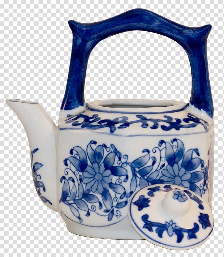 Jug Blue and white pottery Ceramic Kettle, rough brush fabric pattern background in yellow an transparent background PNG clipart