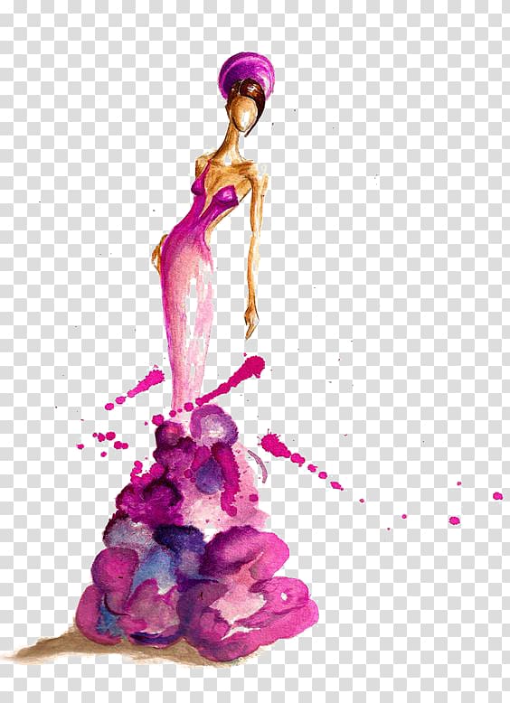 woman in pink dress painting, New York Fashion Week Fashion illustration Watercolor painting Illustration, Fashion Model transparent background PNG clipart