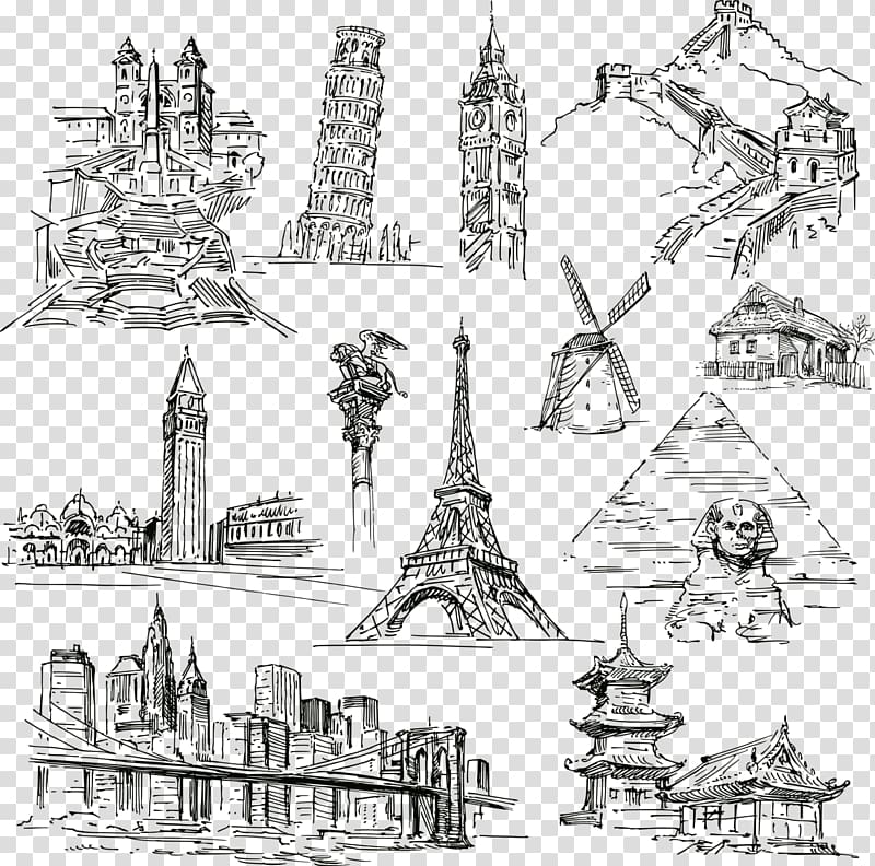 famous landmark illustrations, Statue of Liberty Eiffel Tower Landmark Drawing, Hand-painted World Landmarks transparent background PNG clipart