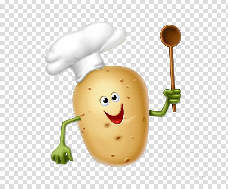 potato with face holding wooden ladle and wearing chef toque , French fries Baked potato Fried sweet potato Mashed potato, Potato chef transparent background PNG clipart