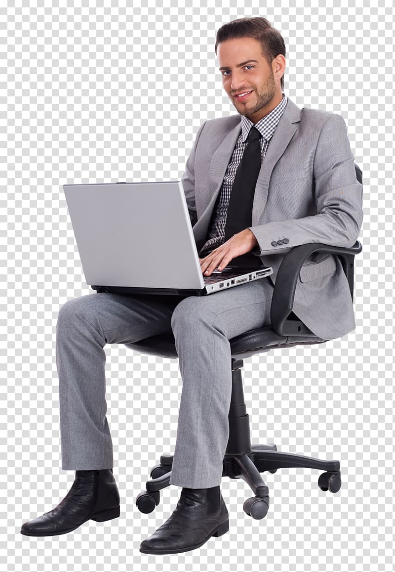 man in suit jacket and dress pants using laptop while sitting on rolling chair, Laptop Desk Businessperson, sitting man transparent background PNG clipart