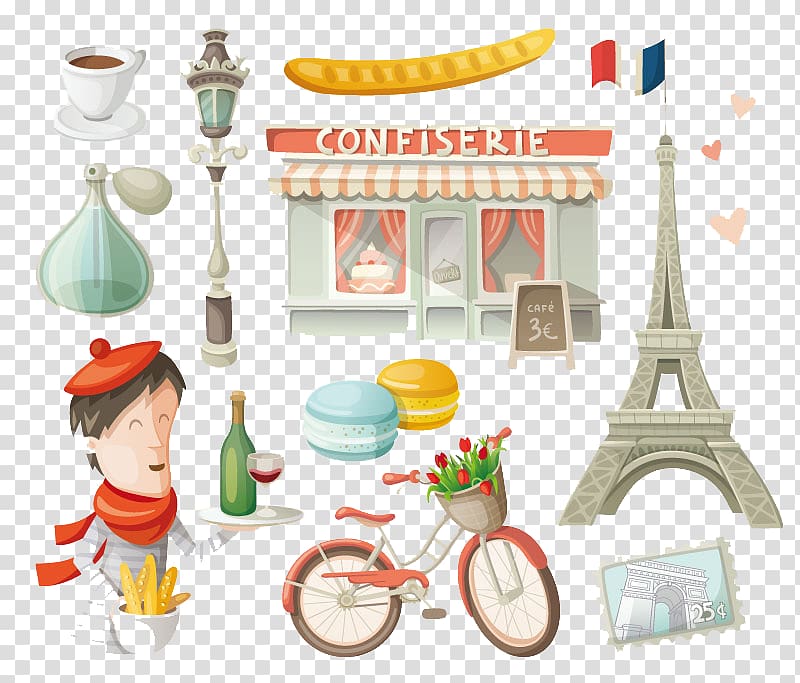 Eiffel Tower Cartoon illustration, Paris romantic cartoon design elements material transparent background PNG clipart