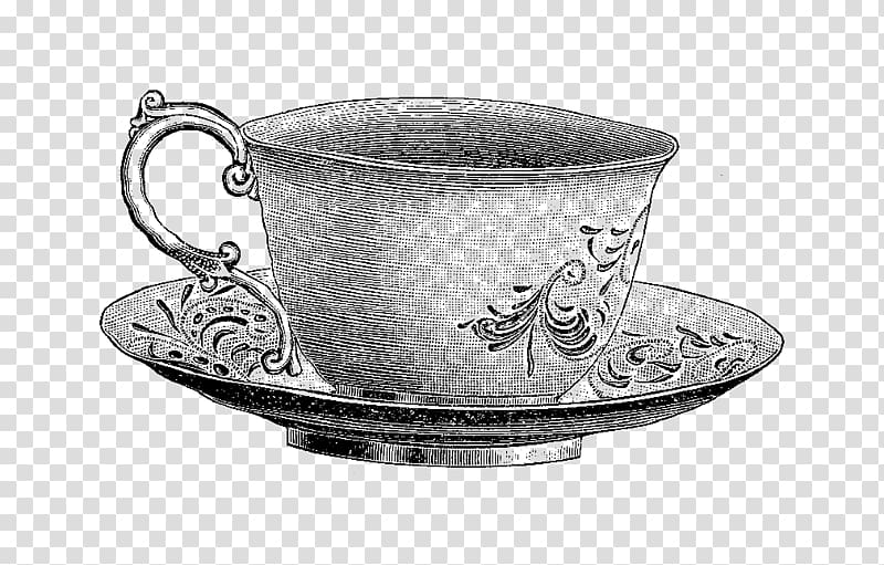 gray floral teacup with saucer illustration, Teacup Saucer Teapot , Vintage Tea transparent background PNG clipart