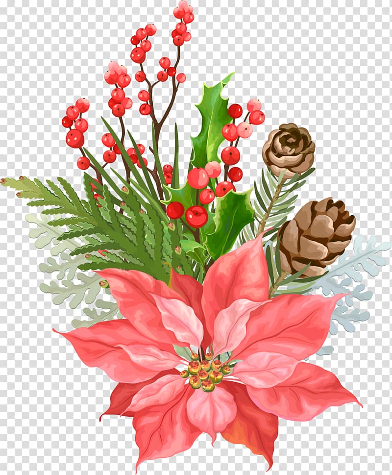 red petaled flower illustration, Flower Christmas Leaf, Painted Flower Festival transparent background PNG clipart