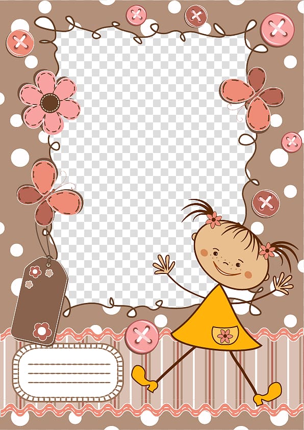 girl and flower-themed letter card illustration, frame Cartoon Infant Child, cute cartoon frames transparent background PNG clipart